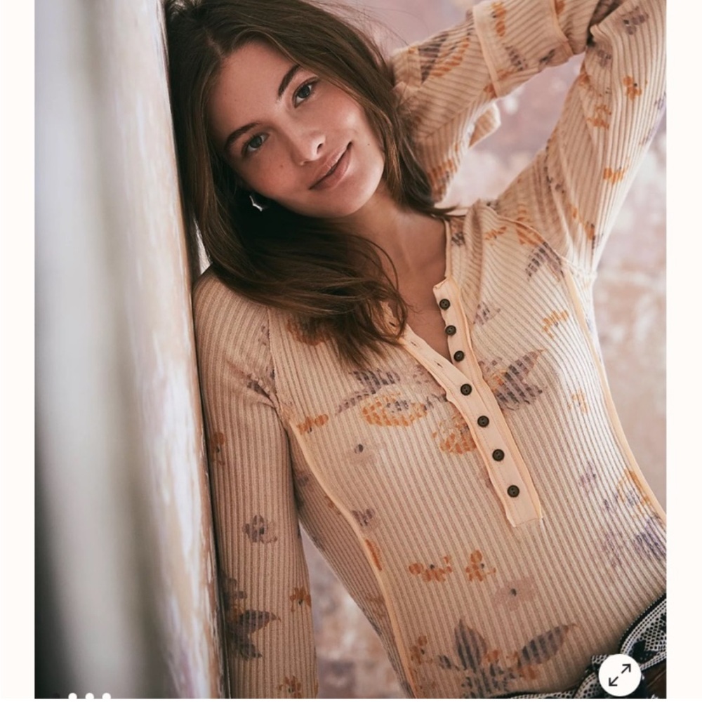 Free People Cream Ribbed Floral Henley Long Sleeve Tee